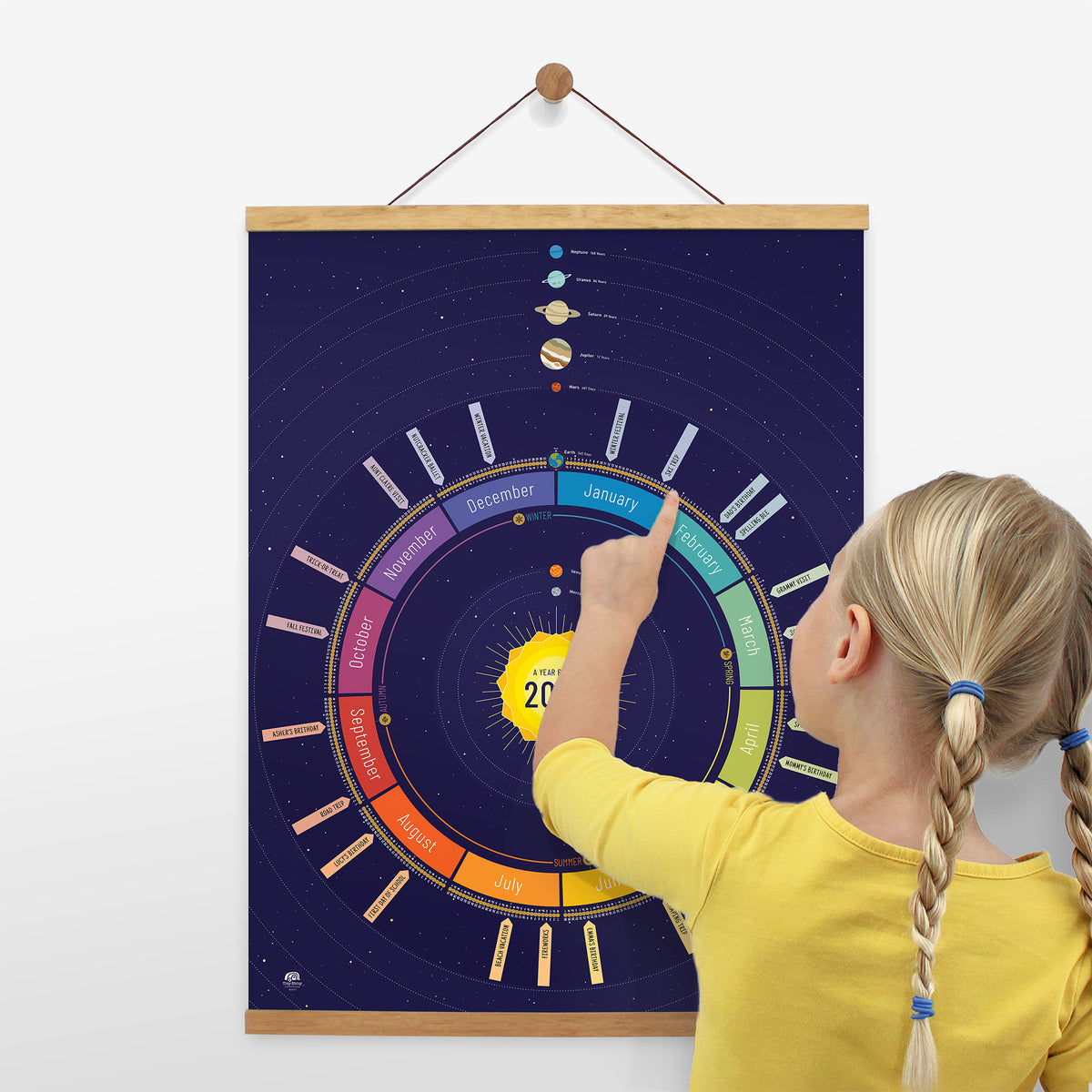 Child using the Space (navy) Year Round Calendar to count down days until their birthday. Displayed on the wall with a wooden poster hanger.