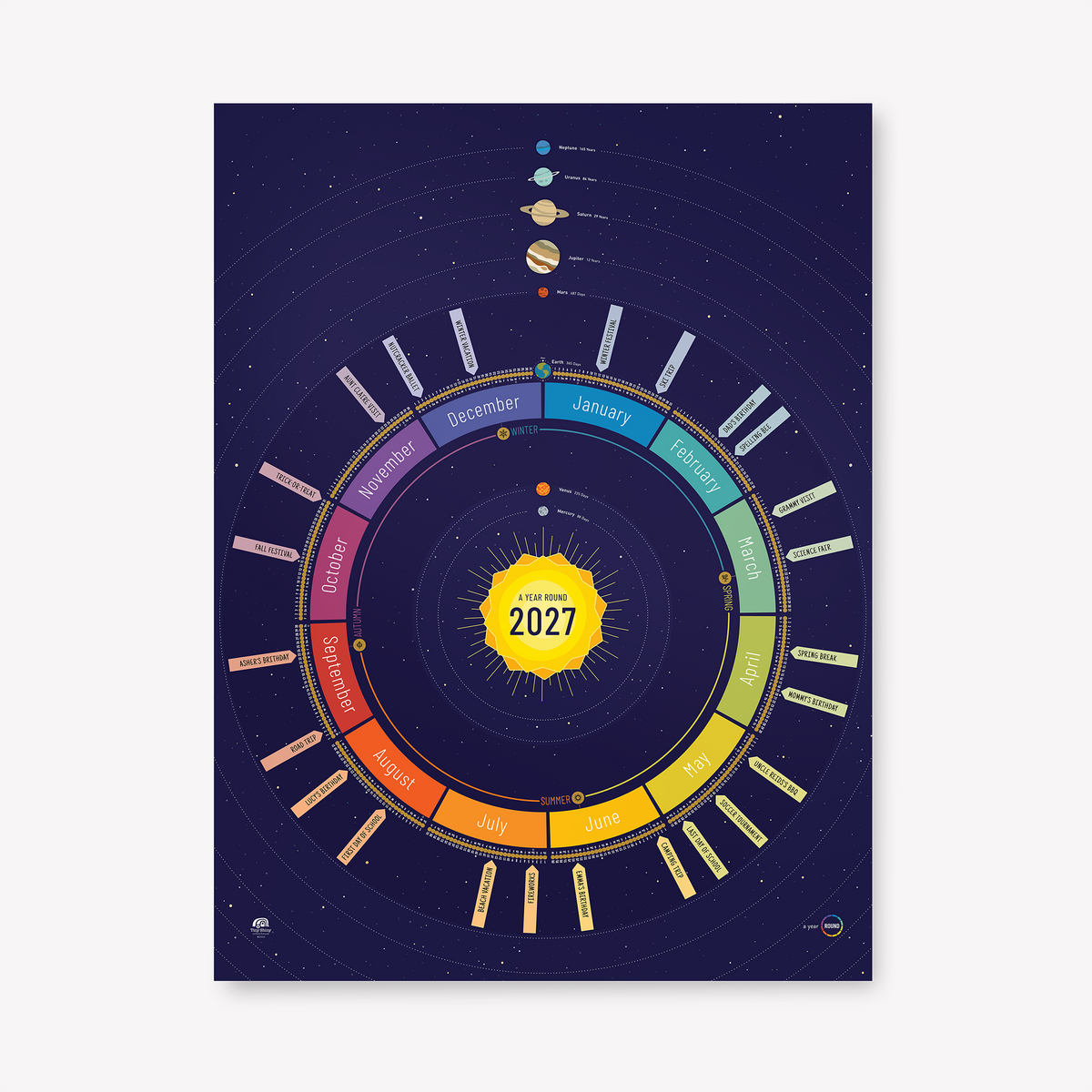 2027 Year Round Scratch-Off Calendar in Space (navy), Blank Edition with no marked holidays — showing all 12 months in a colorful circular layout.