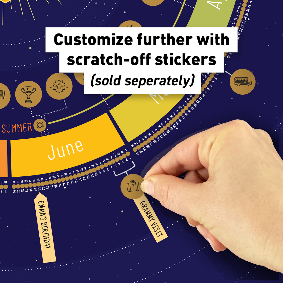 Hand adding an optional scratch-off sticker to further customize the Year Round Calendar.