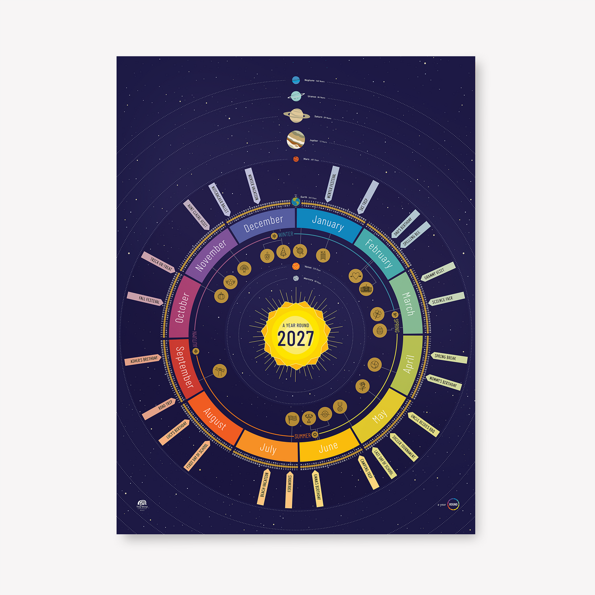 2027 Year Round Scratch-Off Calendar in Space (navy), With Holidays version — showing all 12 months in a colorful circular layout.