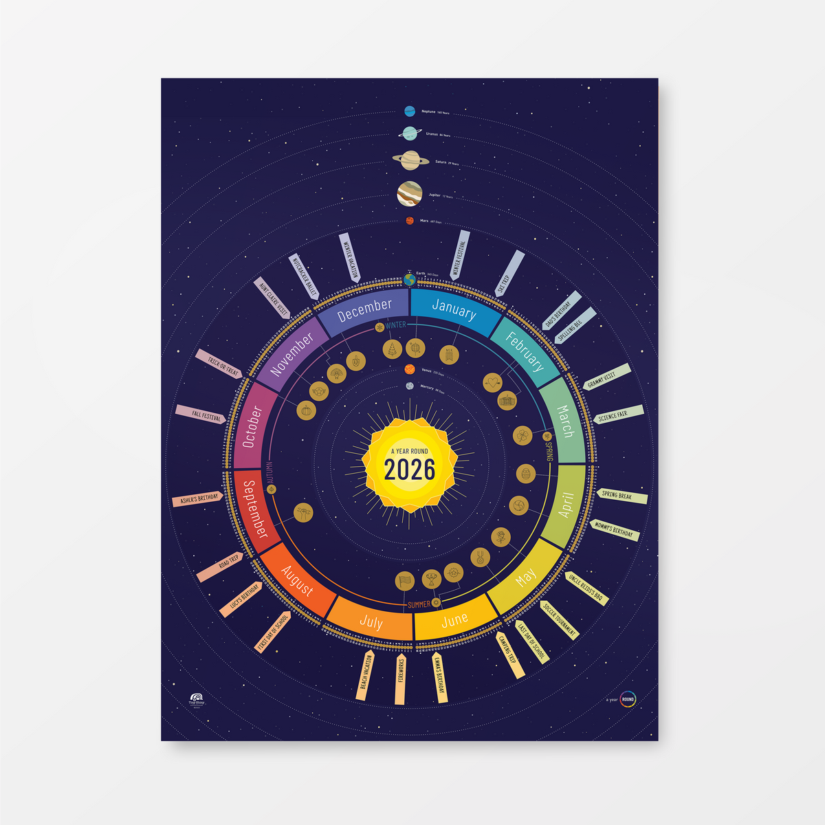 2026 Year Round Scratch-Off Calendar in Space (navy), With Holidays version — showing all 12 months in a colorful circular layout.