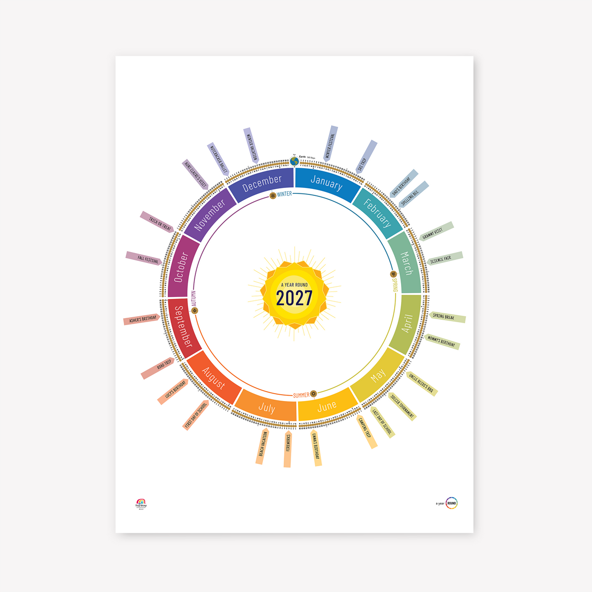 2027 Year Round Scratch-Off Calendar in White, Blank Edition with no marked holidays — showing all 12 months in a colorful circular layout.