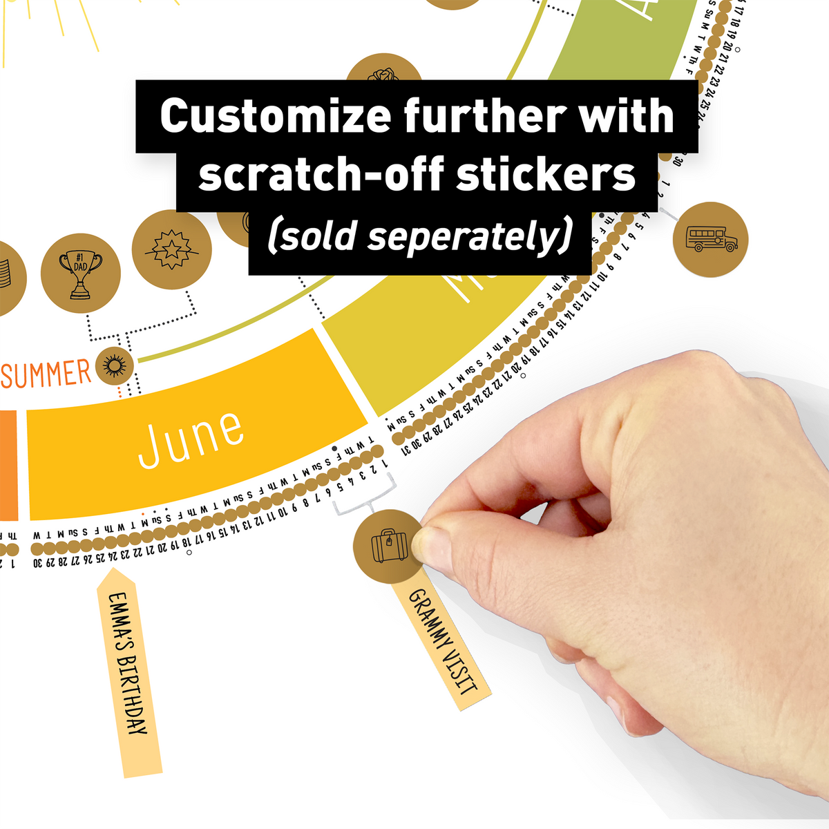 Hand adding an optional scratch-off sticker to further customize the Year Round Calendar.