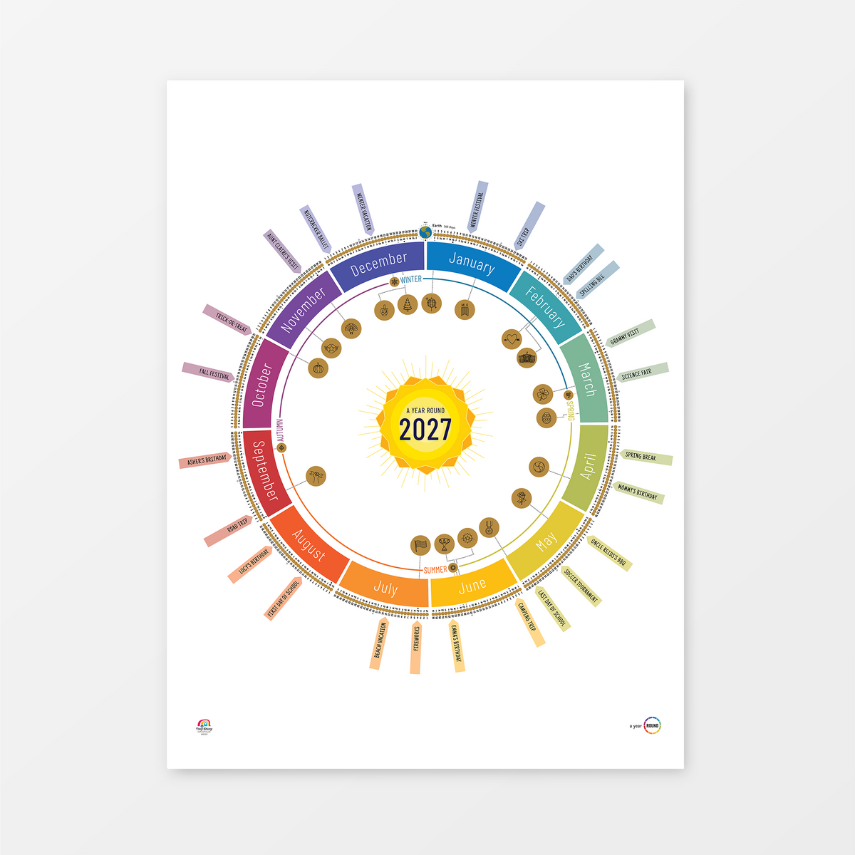 2027 Year Round Scratch-Off Calendar in White, With Holidays version — showing all 12 months in a colorful circular layout.