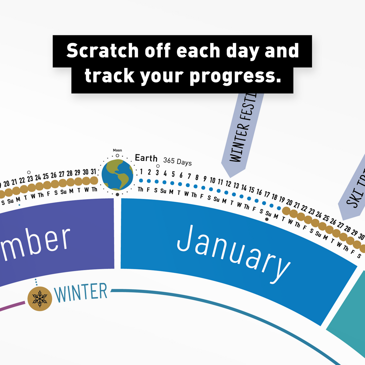 Close-up of scratch-off day dots on the White Year Round Calendar, used to track progress through the year.
