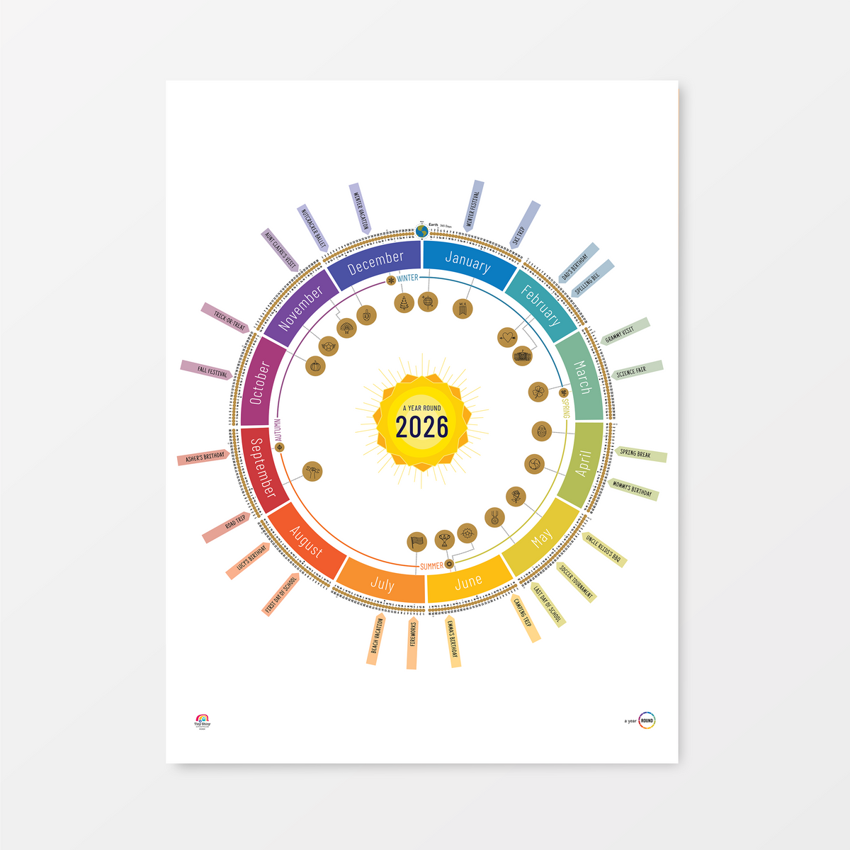 2026 Year Round Scratch-Off Calendar in White, With Holidays version — showing all 12 months in a colorful circular layout.