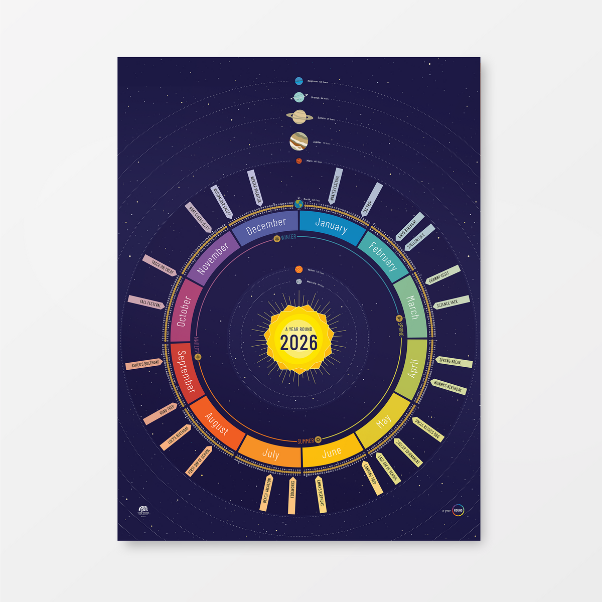 2026 Year Round Scratch-Off Calendar in Space (navy), Blank Edition with no marked holidays — showing all 12 months in a colorful circular layout.