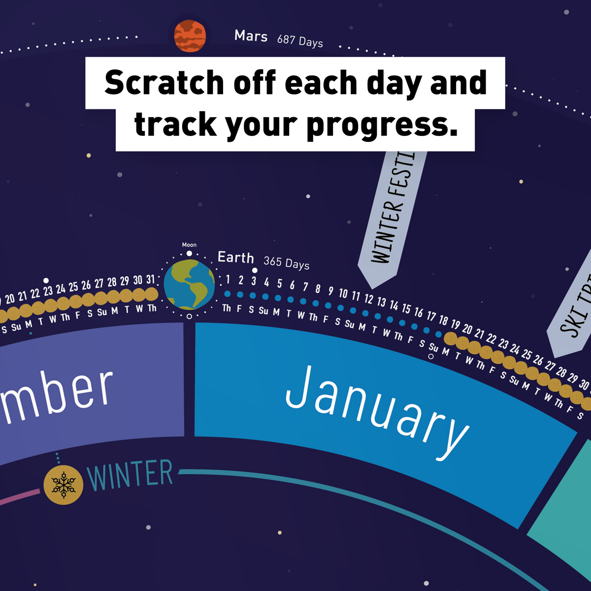 Close-up of scratch-off day dots on the Space (navy) Year Round Calendar, used to track progress through the year.